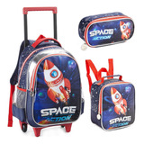Mochila Infantil Menino Rodinha Azul Foguete Reforçada