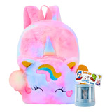 Mochila Infantil Unicórnio E Apontador Elétrico C adesivos Cor Azul claro