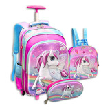 Mochila Rodinha 3d Infantil Lancheira Estojo Unicornio