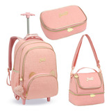 Mochila Rodinha Lancheira Estojo Juvenil Menina Grande Cor Coral