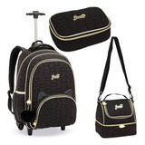Mochila Rodinha Lancheira Estojo Juvenil Menina Grande Cor Preto