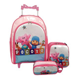 Mochila Rodinhas Pocoyo Rosa Menina Lancheira Estojo