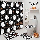 Mocsicka Conjunto De 4 Peças De Cortina De Chuveiro De Halloween Preto Assustador Arco Fantasma Conjunto De Cortina De Chuveiro Para Decoração De Banheiro De Halloween Com Antiderrapante à Prova