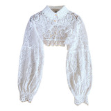 Moda Floral Renda Mock Gola Cortada Solta Meia Blusa