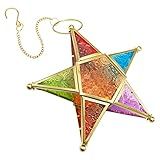 Moderno Porta Velas De Arte Marroquina De Metal Estrela De Vidro Colorido Natal Casa Decoração De Parede Lanterna Para Jardim De Pátio Mantel Com Laço Para Pendurar Dourado