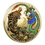 Moeda Tigre Dragão Chinês Yin Yang Dourado Case Acrílico
