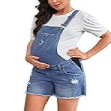 MOMOOD Macacão De Maternidade Shorts Com Bainha Rasgada Alças Ajustáveis Para Gestantes Jeans Azul P