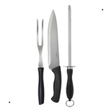 Mor Assador Kit Faca Garfo E Chaira Inox Cor Preto