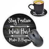 Mouse Pad Redondo Com Conjunto De Porta Copos Citação Inspiradora De Madeira Antiga Rústica Fique Positivo Trabalho Duro E Faça Isso Acontecer Design Mouse Pad Mouse Pad Base De Borracha Antiderrapante Para Laptop E Computador