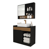 Móveis Bela Gabinete Armário Para Banheiro 80cmx68cmx40cm Com Pia Branco Móvel Pia Espelho Furos Cuba Porta Espelheira Cor Preto Flex Cor Preto Nature