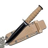 MTech USA MT-632DT Faca Tática De Pescoço Com Lâmina Fixa- Lâmina Preta Com Ranhura De Sangue- Cabo Bronze- 15-24 Cm