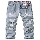 MZNBURAM Calça Jeans Masculina Não Elástica Com Ajuste Regular E Perna Reta Azul Claro Rasgado 2 48