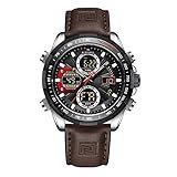 NAVIFORCE Relógio De Pulso Masculino Militar Digital Analógico De Quartzo à Prova D-água Esportivo Multifuncional De Couro- Prata - Preto- Tendência