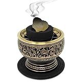 New Age Imports  Inc  Queimador De Incenso De Tela De Carvão De Latão Decorado Com Pequeno Da Índia Com Porta Copos De Madeira