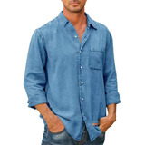New Camisa Jeans Masculina De Manga Comprida Com Botões 2024