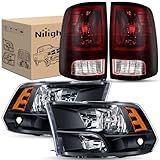 Nilight Conjunto De Farol E Lanterna Traseira Compatível Com Dodge Ram 2009, 2010, 2011, 2012, 2013, 2014, 2015, 2016, 2017, 2018, Para Modelos Quádruplos, Preto, Refletor âmbar Com Luz Traseira
