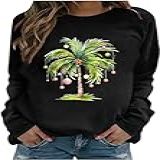 NITRFLA Moletom Feminino De Natal Com Palmeira Divertida Natal Natal Praia Havaiano Manga Comprida Camiseta De Natal Preto GG