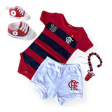 Novo Kit Flamengo Bebê - Body Tênis Shorts Prendedor Chupeta