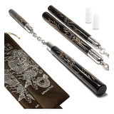 Nunchaku Dragão Preto Esculpido Madeira Kit 2 Unid Brindes
