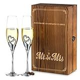 Nuptio Copas Champanhe Casamentos: Copas De Champanhe Personalizadas Com Caixa De Presente De Madeira, Conjunto De 2 Copos De Cristal Prosecco, Conjunto De Prata Presente Noivado Brindis Aniversário Festa Despedida De Solteira