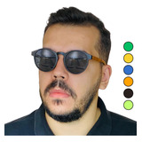 Óculos De Sol Redondo Haste Estampa Bambu Madeira Masculino