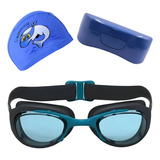 Óculos Estojo Touca Natação Infantil Profissional Lentes Uv Cor Preto azul