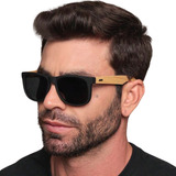 Óculos Sol Masculino Quadrado Haste Madeira Preto Estilo Uv