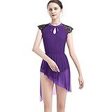 ODASDO Vestido Feminino Elegante De Dança Lírica De Renda Manga Cavada Saia De Tule Assimétrica Traje Contemporâneo PP GG Roxa S