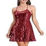 Odizli Minivestido Feminino Com Alças Finas, Lantejoulas Brilhantes, Evasê, Rodado, Festa, Balada, Dança, Comprimento Acima Do Joelho, Vinho Tinto, M