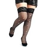 Ohyeahlady Meia Arrastão Feminina Sexy Na Altura Da Coxa Para Cinta Liga De Renda Meia Calça Transparente Com Silicone Antiderrapante Strass Preto X Small Large