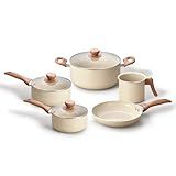 Oikos   Jogo Com 5 Panelas Antiaderentes De Revestimento Cerâmica Com Tampa De Vidro Terrara Bege Com 5 Camadas Para Fogão A Gás  Elétricos  Cerâmicos E Halogênio