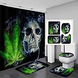 OLEBETY Conjunto De 4 Peças De Cortina De Chuveiro De Crânio Com Tapetes- Maconha Verde- Cannabis- Folha De Erva Daninha- Fumo- Gótico- Terror- Halloween- Esqueleto- Decoração De Banheiro- Cortina De Chuveiro De Tecido Impermeável- Decoração De Quarto Para Homens