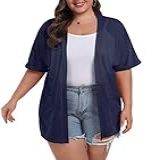 OLRIK Cardigã Feminino De Verão Plus Size Manga Curta Frente Aberta Leve Com Bolsos Drapeado Saída De Praia Azul Marinho 1X