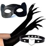 OLYPHAN Máscara De Gato Preto Acessórios De Fantasia De Gato Para Mulheres Máscara De Baile De Máscaras De Halloween Para Adultos Luvas De Garra E Colar De Gargantilha De Renda 3 Peças