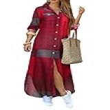 OMZIN Vestido Feminino Longo Com Botões Vintage Estampado Lapela Vestido De Manga Comprida Vinho Cinza M