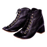 Open Boot ankle Boot Em Couro Com Amarração Elegante