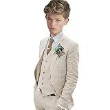 Optkeat Terno De Linho Para Meninos Smoking Slim Fit 3 Peças Terno De Linho Infantil Jaqueta Colete Calça Bege 14 Anos