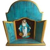 Oratório Artesanal Nossa Senhora Das Graças Madeira Pintada Em Azul Turqueza E Dourado Decoração Religiosa