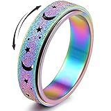 OreilleStar Anel De Ansiedade Feminino Fidget Spinner De Aço Inoxidável Para Mulheres- Homens- Lua- Estrela- Arco-íris- Tamanho 7