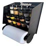 Organizador Porta Temperos Condimentos Luxo Premium 10 Potes De Tempero E Etiquetas Com Suporte Para Papel Toalha -Preto-