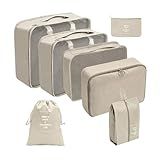 Organizador Viagem Kit 7 Peças - Necessaire Para Bagagem Malas Roupas Bolsa Cosméticos Higiene - Dobrável Impermeável Multiuso Feminina Masculina Unissex Grande Compacto Prático -BEGE-
