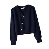 Oshhni Mulheres Malha Cardigan Suéter Roupas Estilo Retro Manga Comprida Casaco Crop Cardigan Marinha