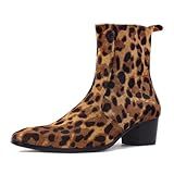 OSSTONE Chelsea Bota Masculina De Couro Com Cabelo De Pônei Leopardo E Salto Com Zíper Lateral OS JY012 D R Marrom Leopardo 39