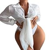 OURMENNA Saída De Praia Feminina De Manga Comprida Com Botões Divididos Na Frente Solta Para O Verão Branco GG