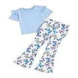 Oyoangle Conjunto De 2 Peças Para Meninas, Camiseta De Manga Curta E Calça Flare, Azul Multi, 9 Anos