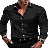 Oyozone Camisa Social Masculina De Cetim De Luxo Bordada Brilhante De Seda Manga Longa Abotoada Camisa Festa De Casamento, Preto, P