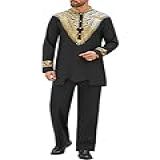 Pacinoble Conjunto De 2 Peças Masculino Africano Tradicional Metálico Estampa Floral Camisa E Calça Dashiki Africana Preto XG