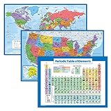 Pacote Com 3   Conjunto De Pôster Do Mapa Mundial E Dos EUA   Tabela Periódica Dos Elementos Para Crianças  Laminado  45 72 X 29 