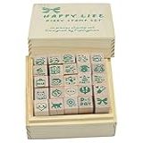 Pacote De 25 Peças De Carimbos De Madeira Pequenos Verdes Em Forma De Vida Feliz Com Caixa Para Cartão De Artesanato DIY E álbum De Fotos Verde 