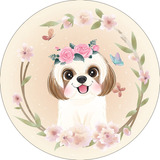 Painel De Festa - Cachorro Cute E Flores - 1,50x1,50